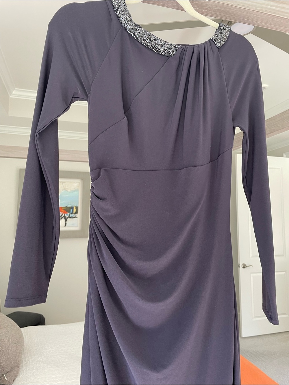 NWT Ralph Lauren LS Deep Purple Evening Gown Dress with Beaded Neckline